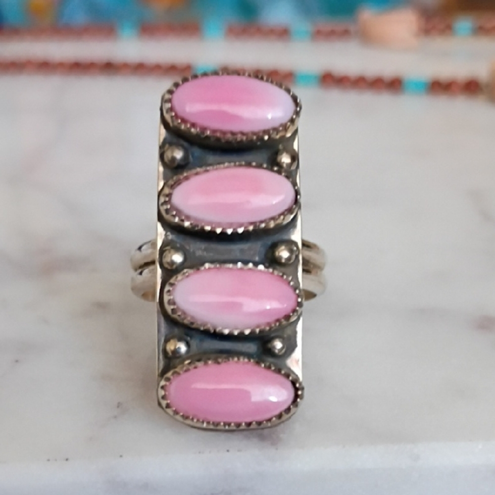 Chic Pink Oval Stone Silver Ring - image 1